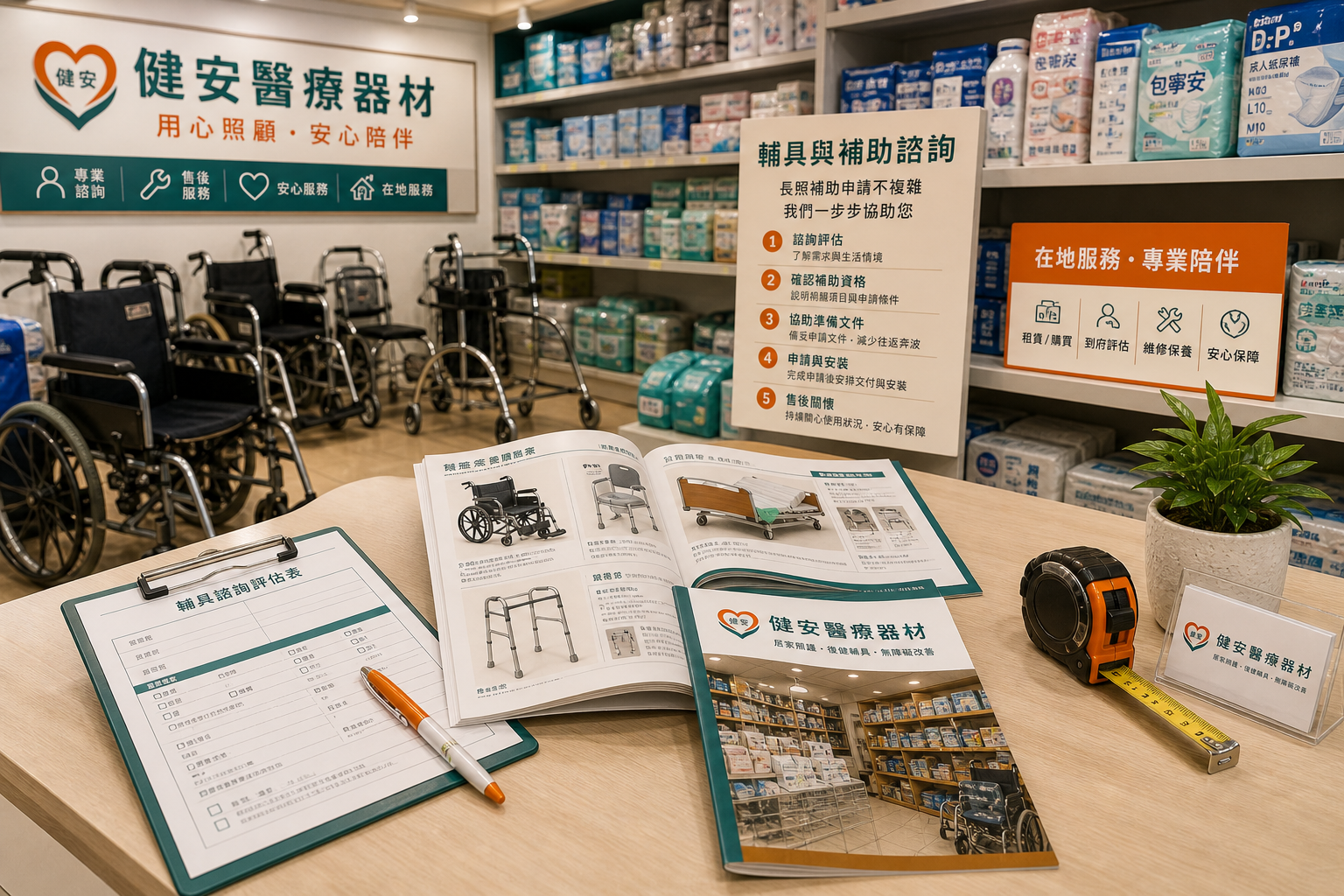 醫療器材店內輔具補助諮詢桌面與產品型錄